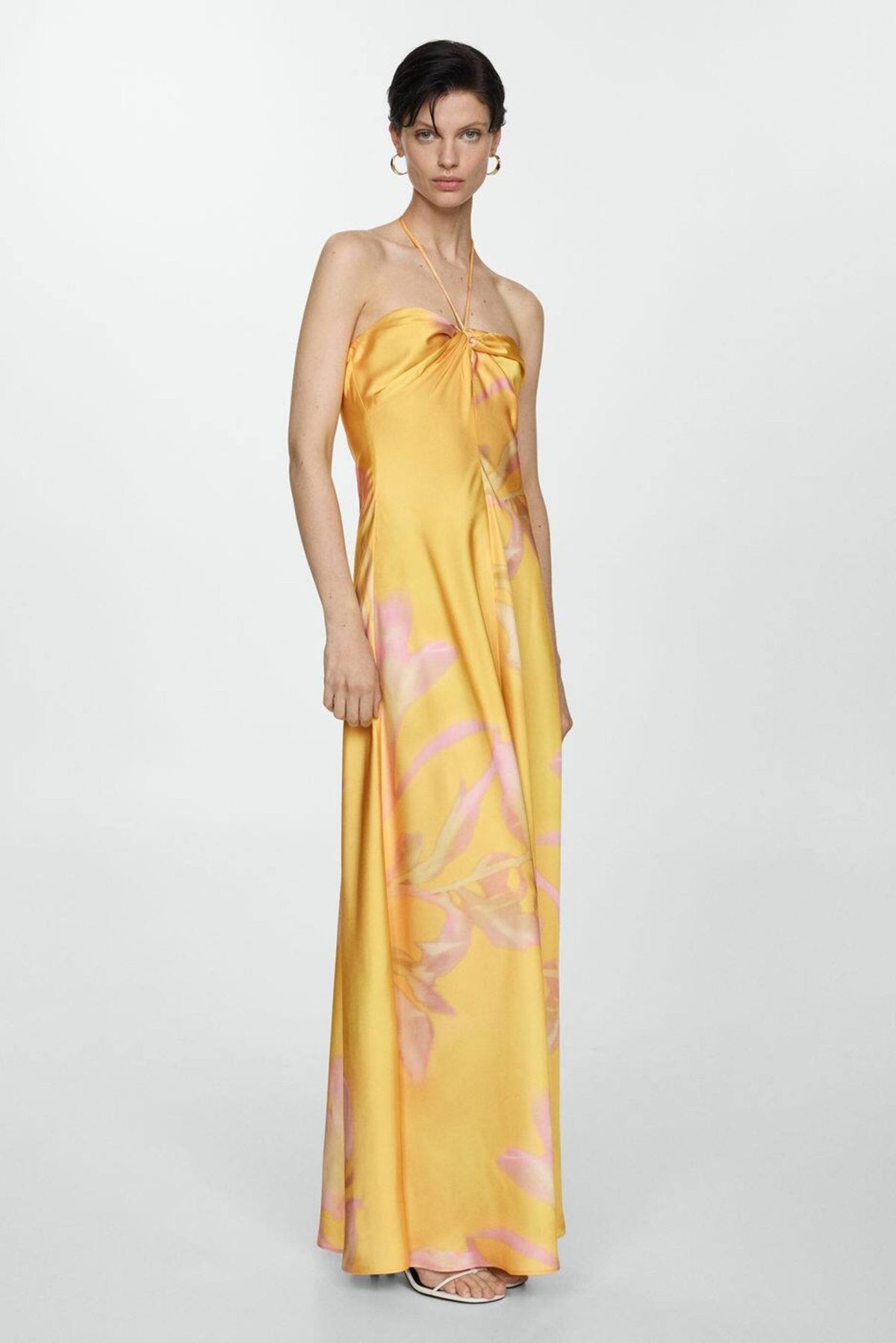 Satin Halter Neck Floral Bias Cut Slip Maxi Dress in Yellow