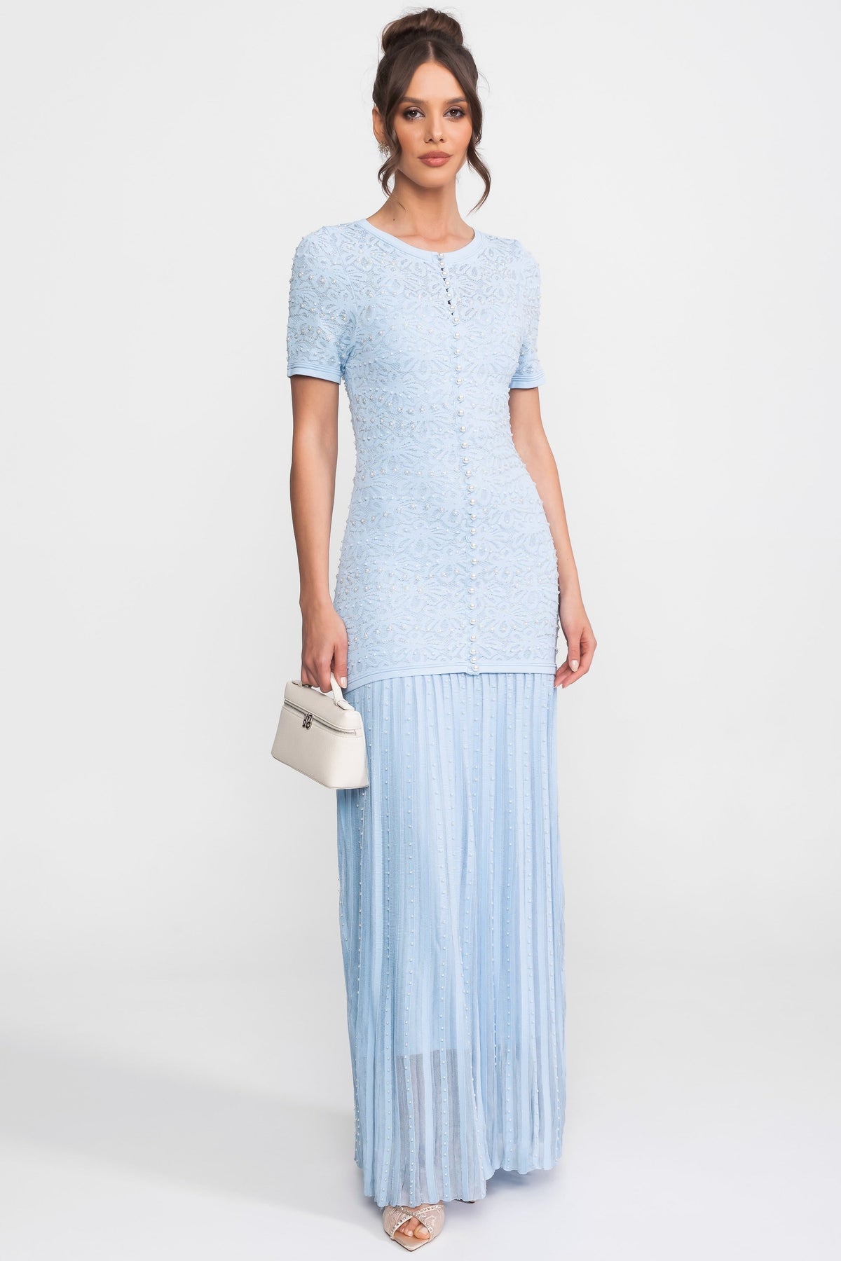 Lace Bead Embellished Round Neck Pearl Button Drop Waist Pleated Maxi Dress - View 3