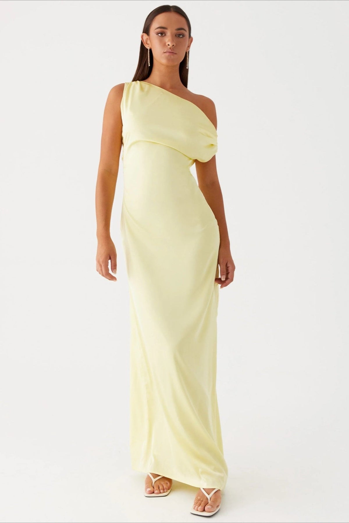 Satin Asymmetric One Shoulder Ruched Maxi Gown - View 9