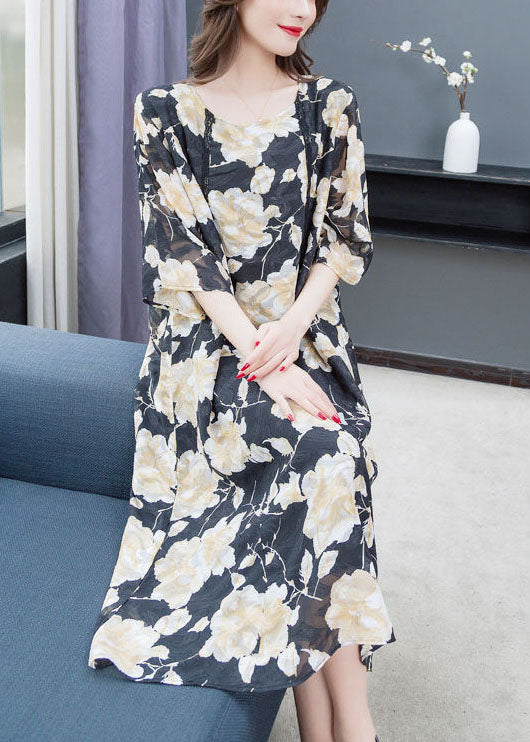Floral Lace Trim Elbow Sleeve Round Neck Shift Midi Dress - View 2