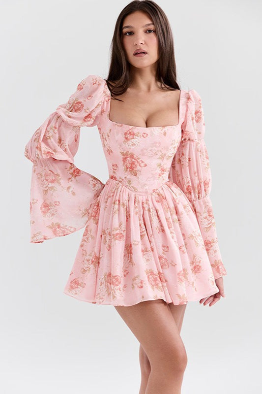 Floral Square Neck Bishop Sleeve Corset Flare Mini Dress