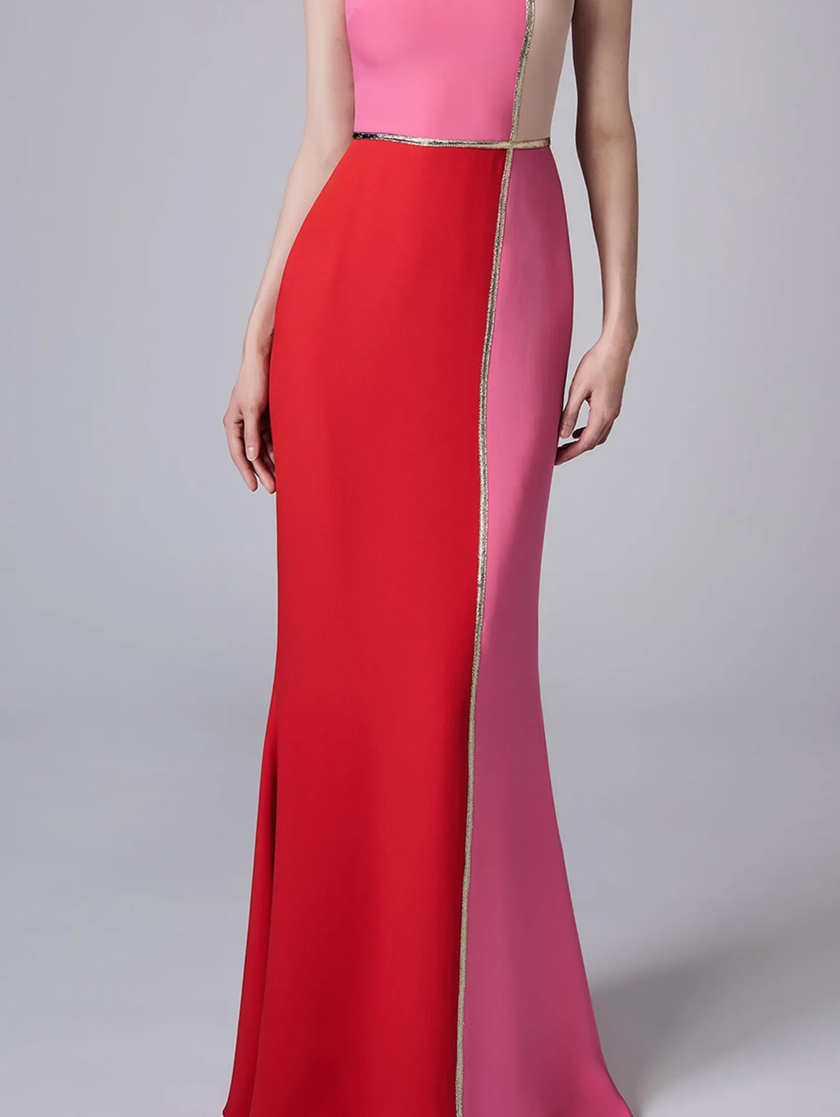 Sleeveless Color Block Contrast Piping Bodycon Mermaid Hem Maxi Gown - View 2
