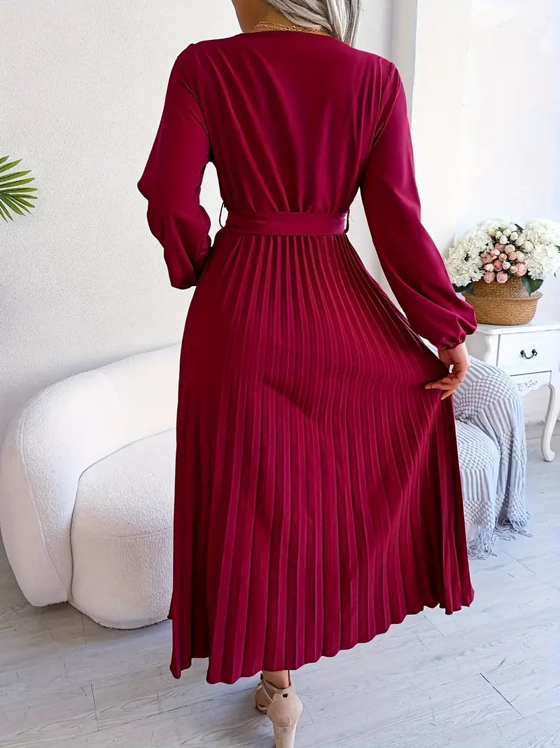 Wrap V-Neck Long Sleeve Pleated Tie Waist Maxi Dress - View 2