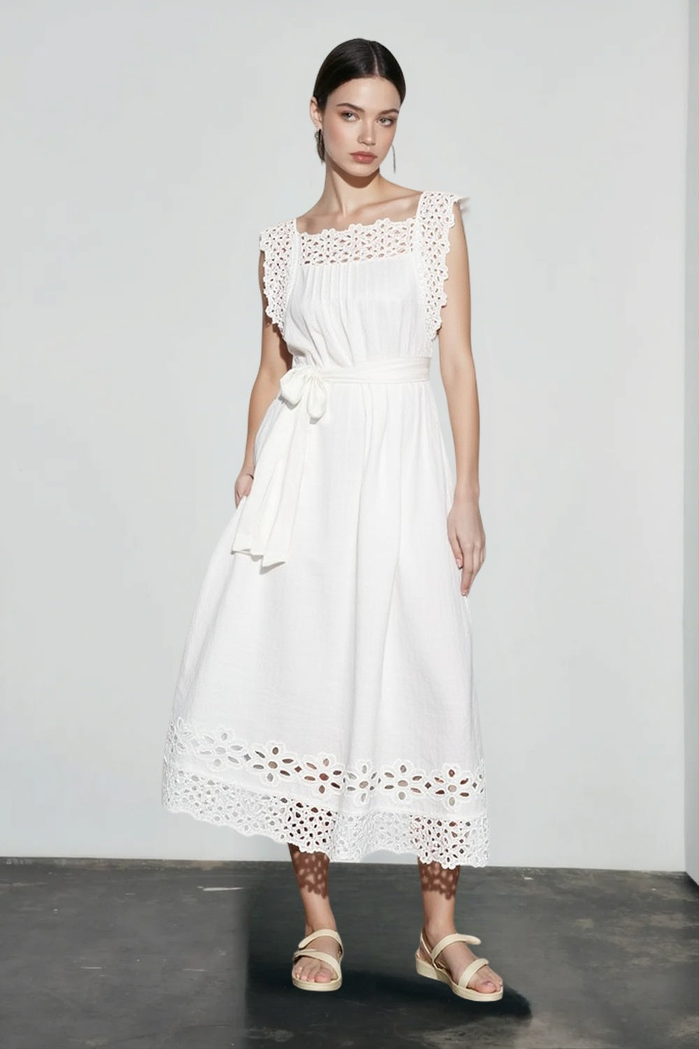 Eyelet Square Neck Ruffle Strap Belted Scalloped Hem Midi Dress
