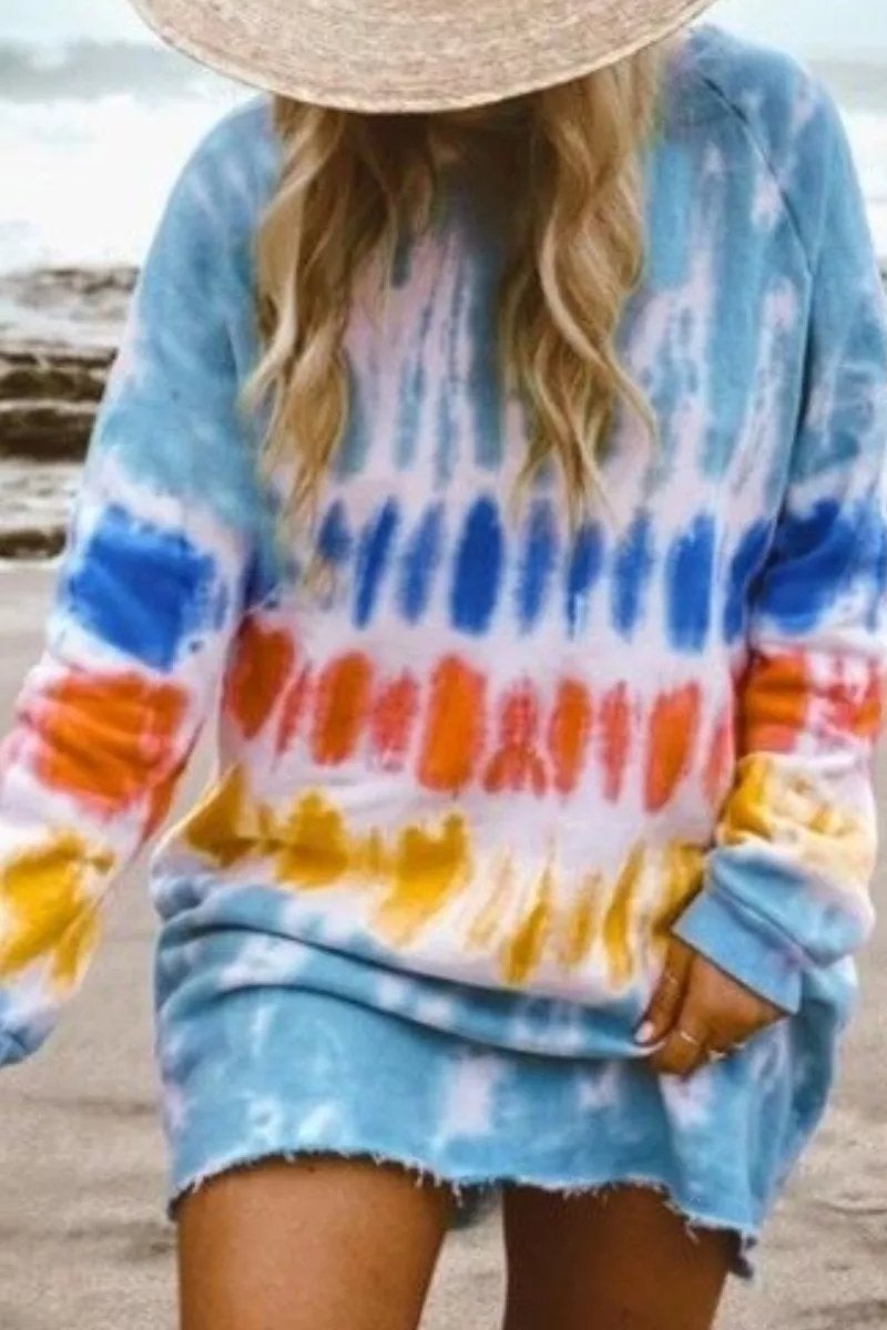 Knit Crew Neck Raglan Sleeve Raw Hem Oversized Sweatshirt Mini Dress - View 2