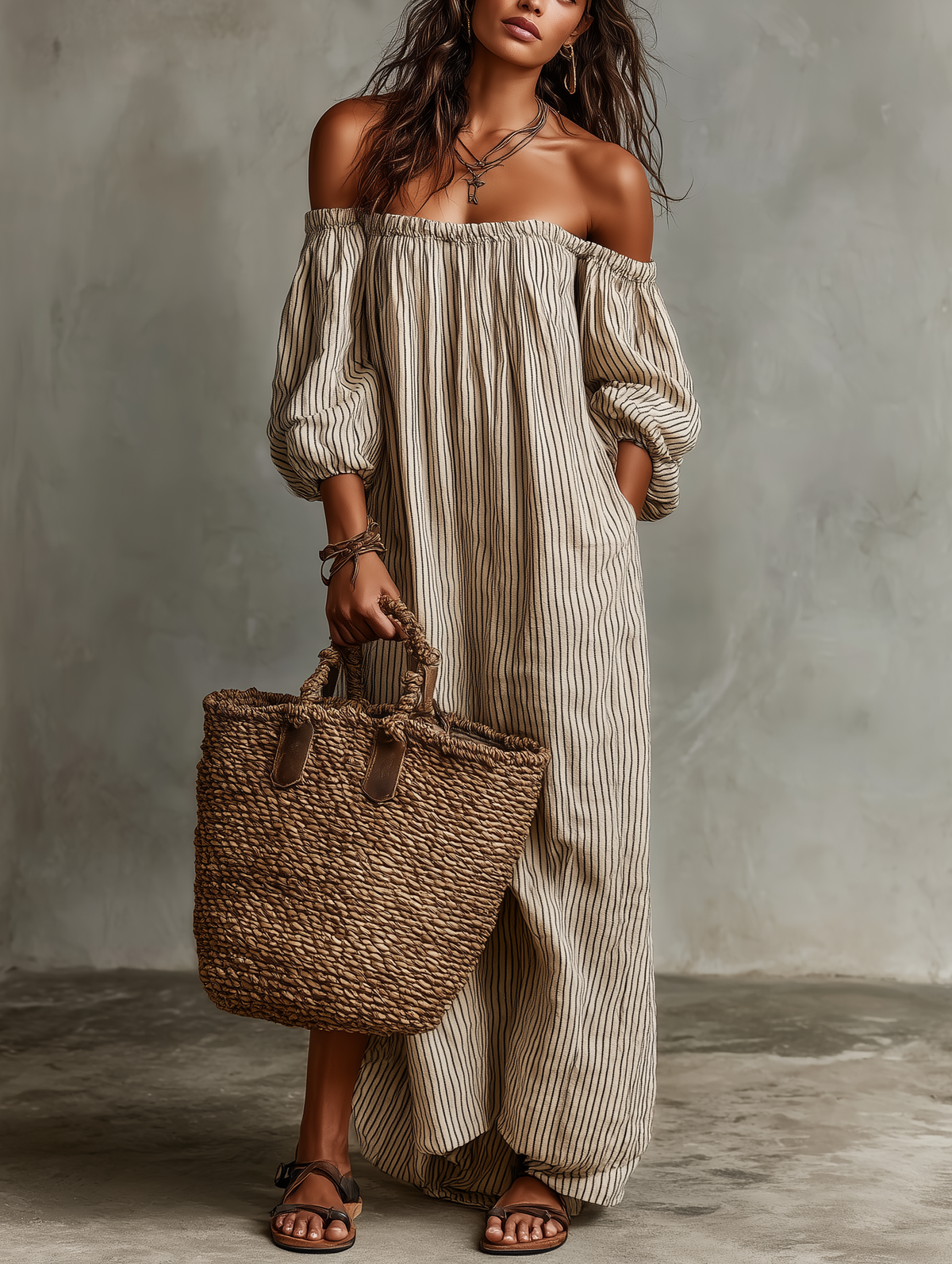 Striped Off Shoulder Puff Sleeve Maxi Dress