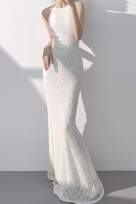 Beaded Sequin Halter Neck Mermaid Maxi Gown