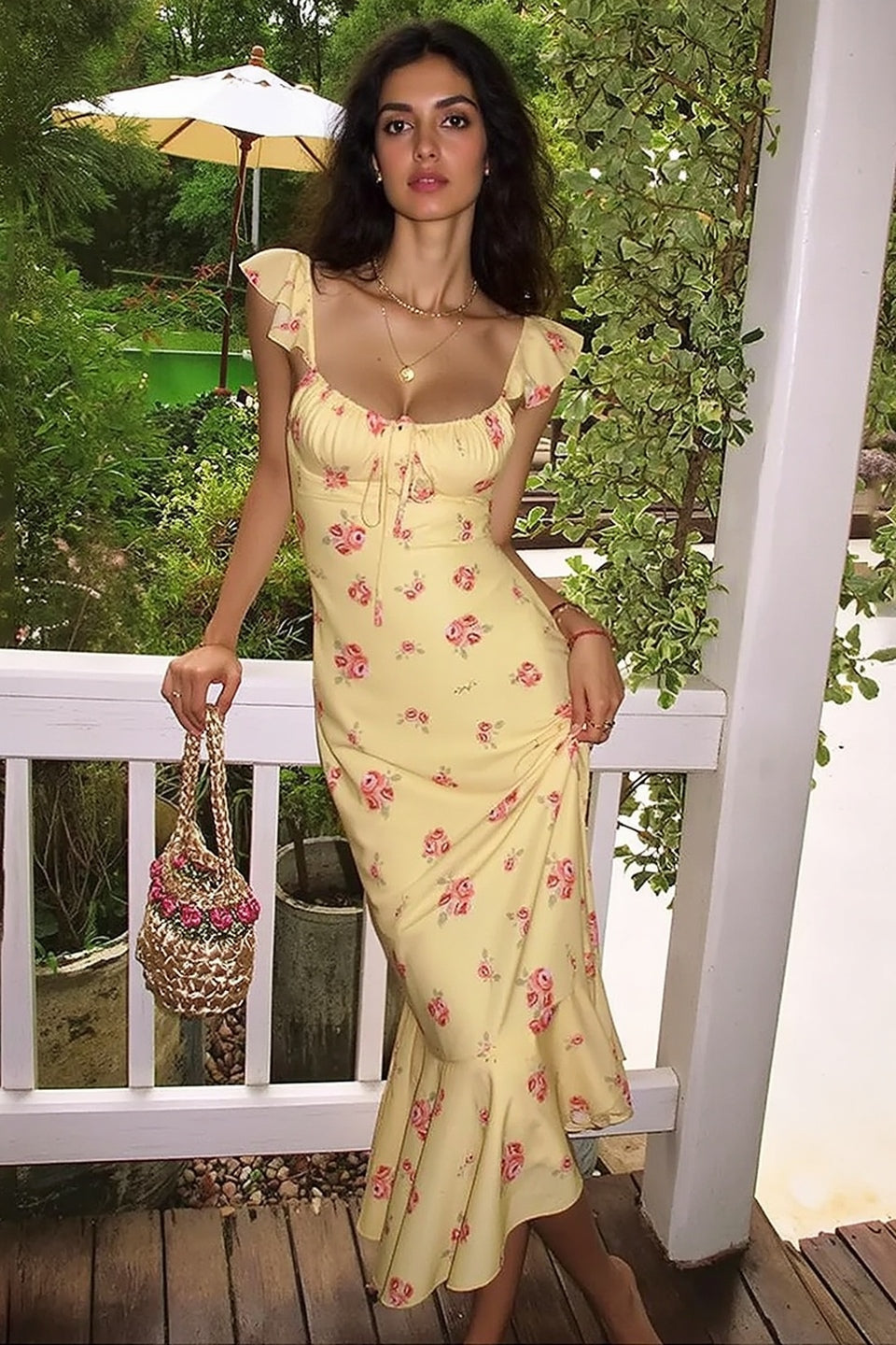 Rose Floral Ruffle Strap Tie Front Fishtail Hem Slip Midi Dress 3