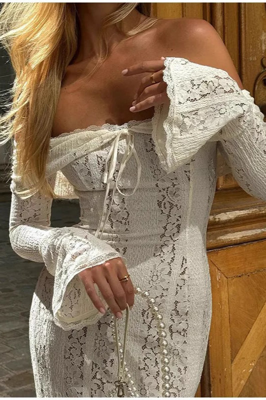 Slim Fit Off Shoulder Lace Dress in White - View 3