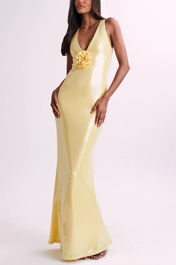 Sequin Halter Neck Floral Applique Backless Mermaid Maxi Dress - View 8