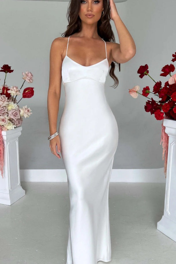 Satin Scoop Neck Spaghetti Strap Lace Up Back Bias Cut Slip Maxi Dress - View 13