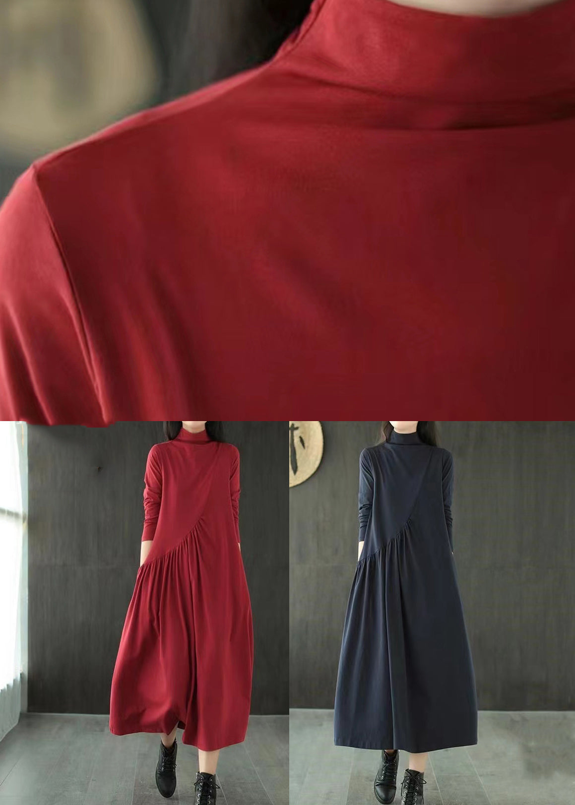 Mock Neck Long Sleeve Diagonal Seam Pleated Pocket A-Line Maxi Dress - View 5