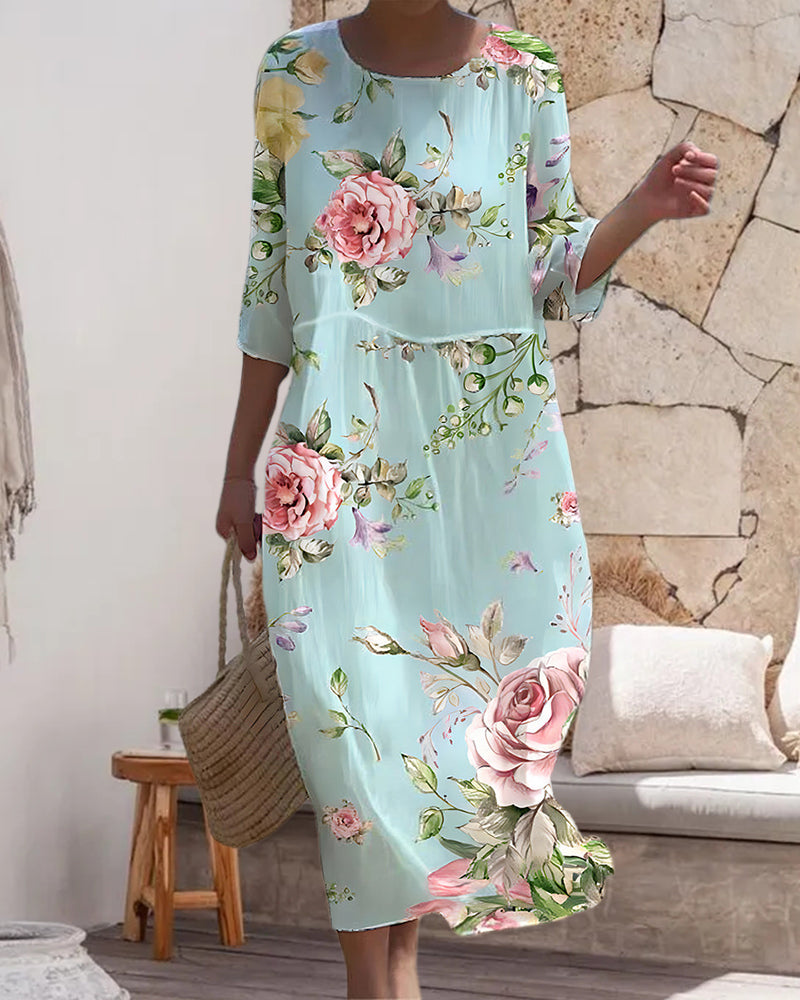 Floral Print Round Neck Three Quarter Sleeve Loose Shift Maxi Dress - View 2