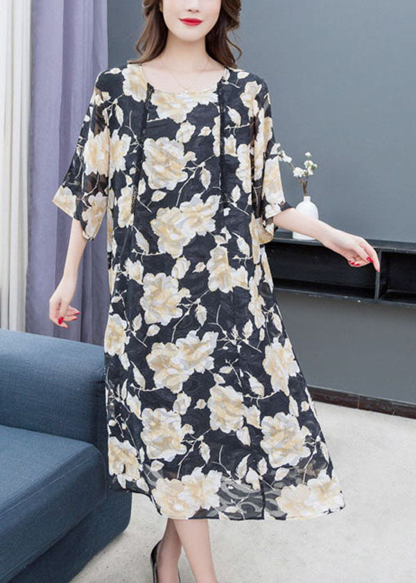 Floral Lace Trim Elbow Sleeve Round Neck Shift Midi Dress - View 4