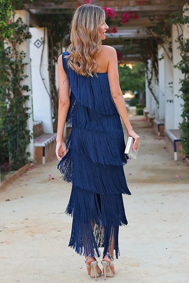 One Shoulder Tiered Fringe Midi Dress - View 6