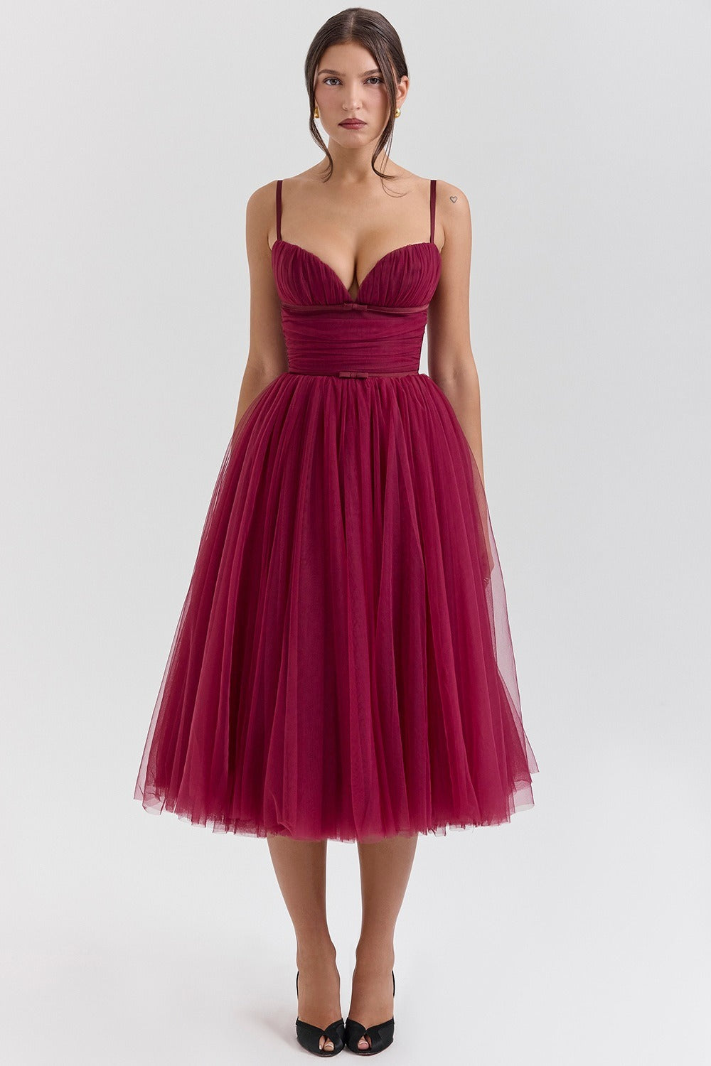 Tulle Sweetheart Spaghetti Strap Corset Fit and Flare Midi Dress - View 14