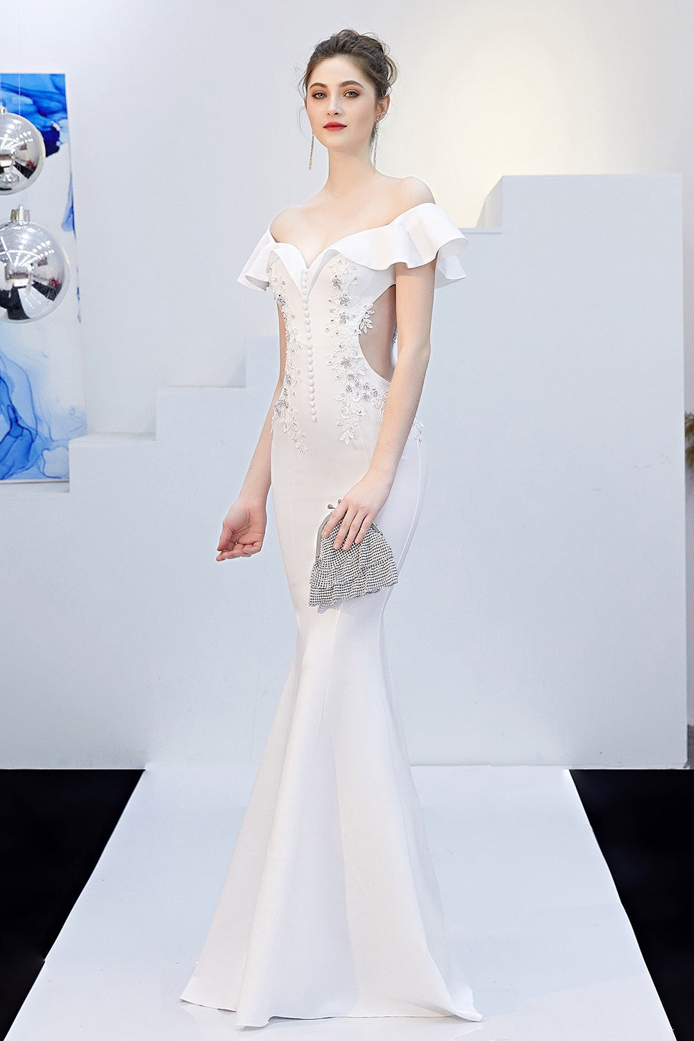 Off Shoulder Ruffle Beaded Mermaid Formal Gown - View 2