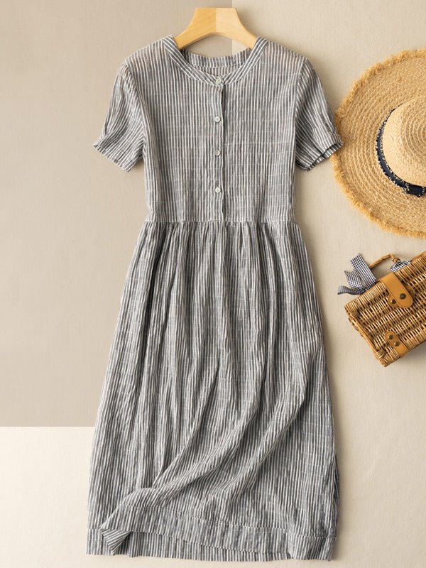 Pinstripe Print Round Neck Button Front Short Sleeve Midi Dress