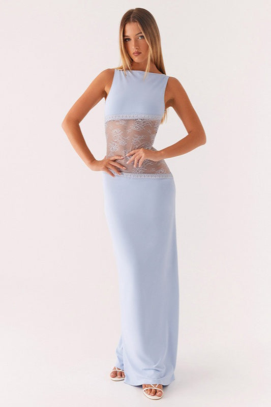 Backless Lace Sheer Mesh Satin Dress