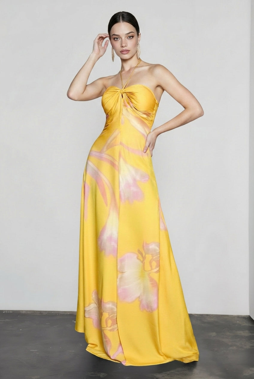 Halter Neck Twist Front Floral Print Satin Maxi Dress 2