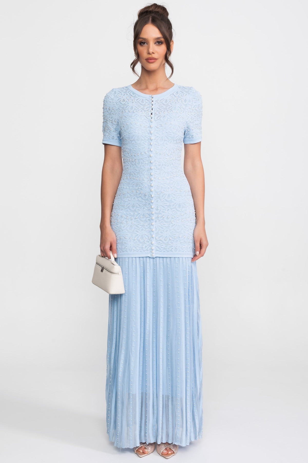 Lace Bead Embellished Round Neck Pearl Button Drop Waist Pleated Maxi Dress