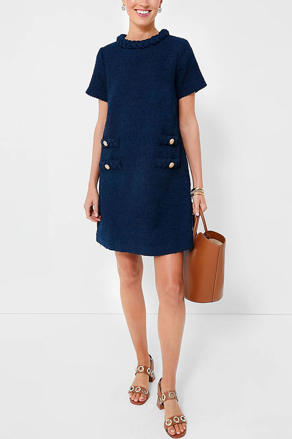 Tweed Braided Trim Faux Pocket Metallic Button Shift Mini Dress - View 21