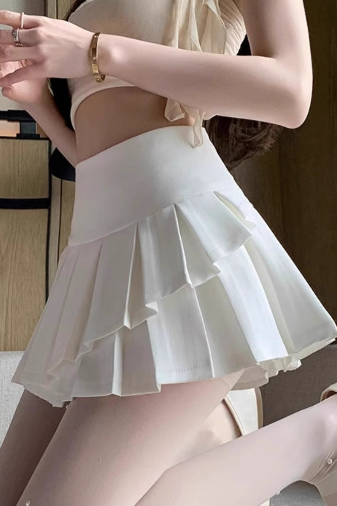 High-Waist Pleated Denim Mini Skort
