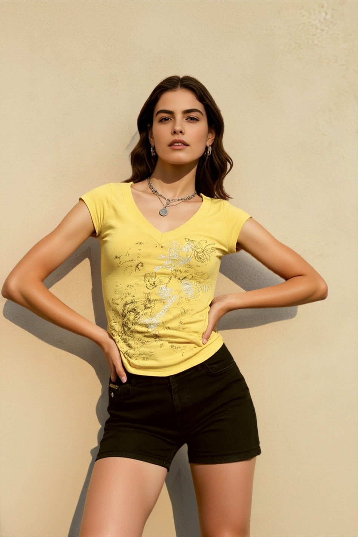 Butterfly Print V Neck Top