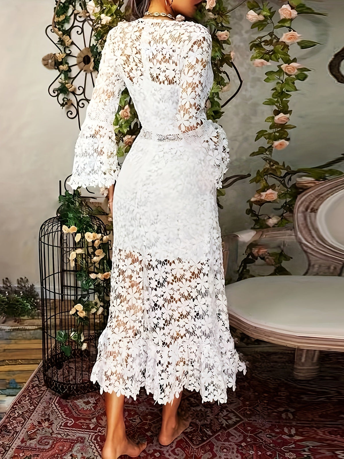 Lace V-Neck Long Sleeve Midi Dress Cocktail