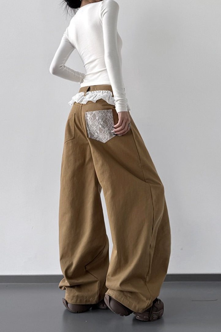 High-Waist Lace Wide-Leg Denim Jeans