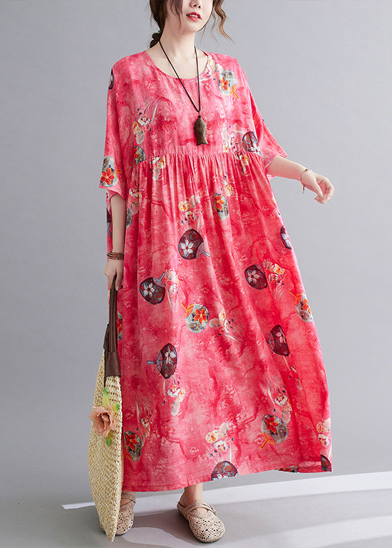 Floral Fan Print Round Neck Empire Waist Short Sleeve Maxi Dress