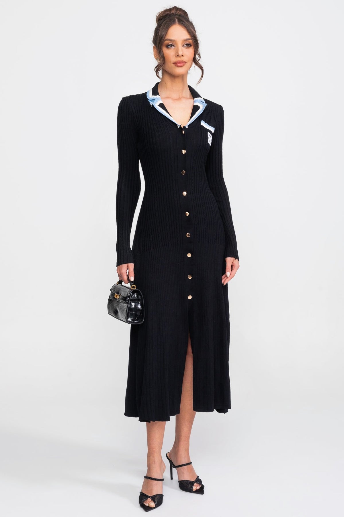 Long Sleeve Knit Midi Dress - Black