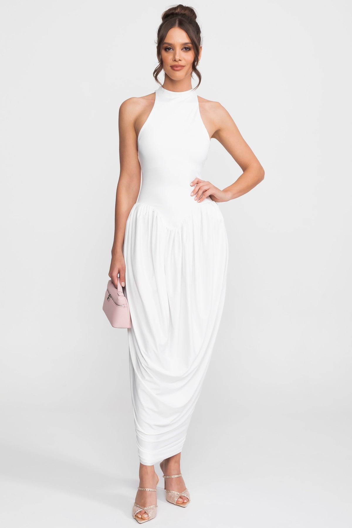 Halter-Neck Maxi Dress With Gathered Balloon Skirt - White - View 5
