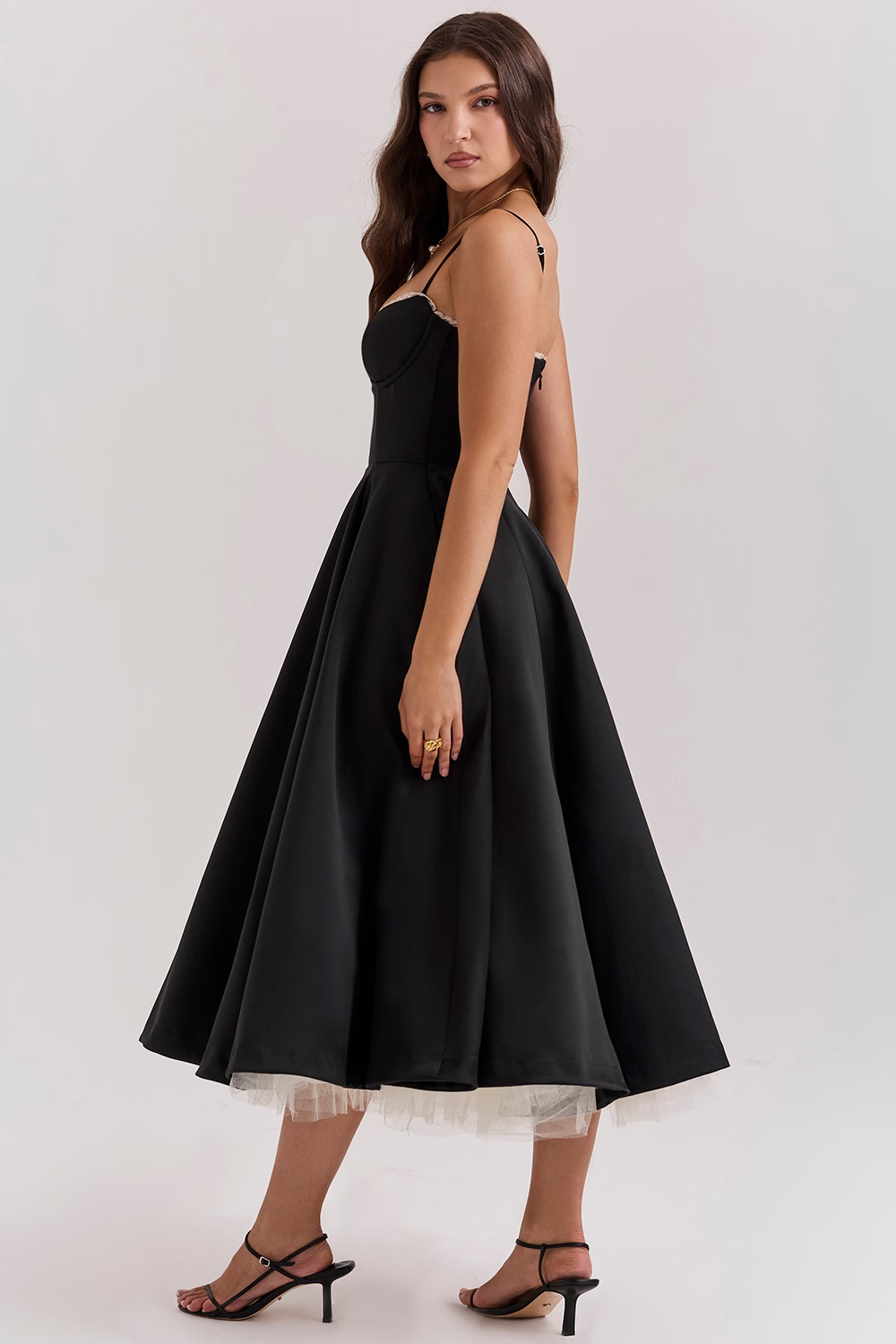 Spaghetti Strap Sweetheart Lace Trim Corset A-Line Midi Dress - View 12