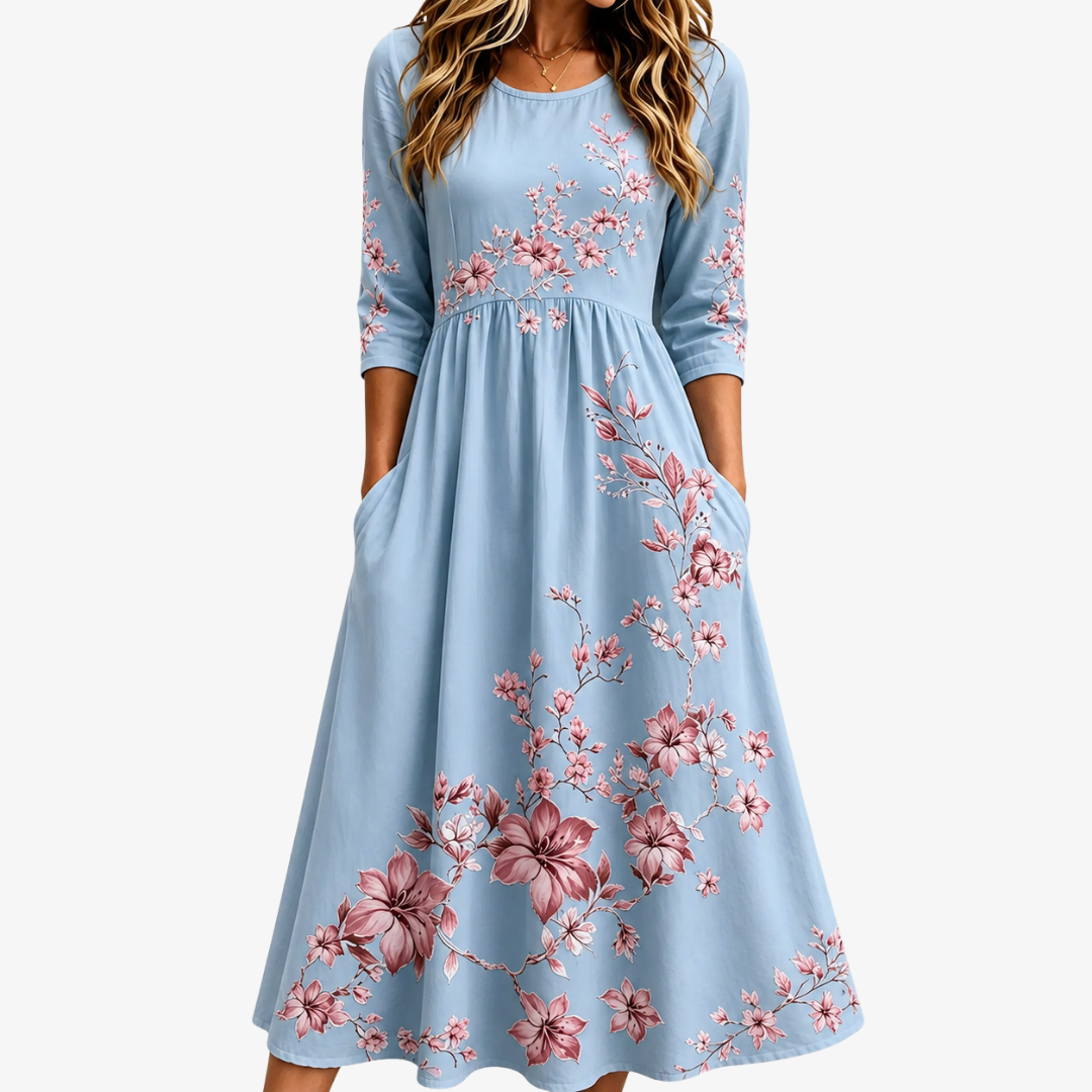Floral Crew Neck Pocket A-Line Midi Dress