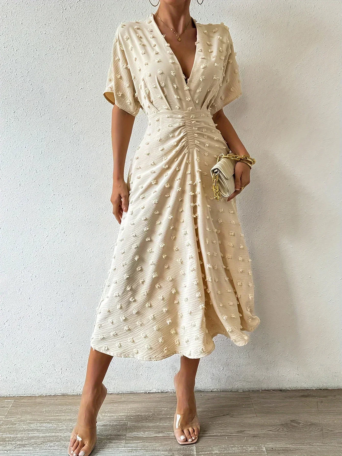 Swiss Dot Flutter Sleeve Pleated Back A-Line Midi Dress - View 5