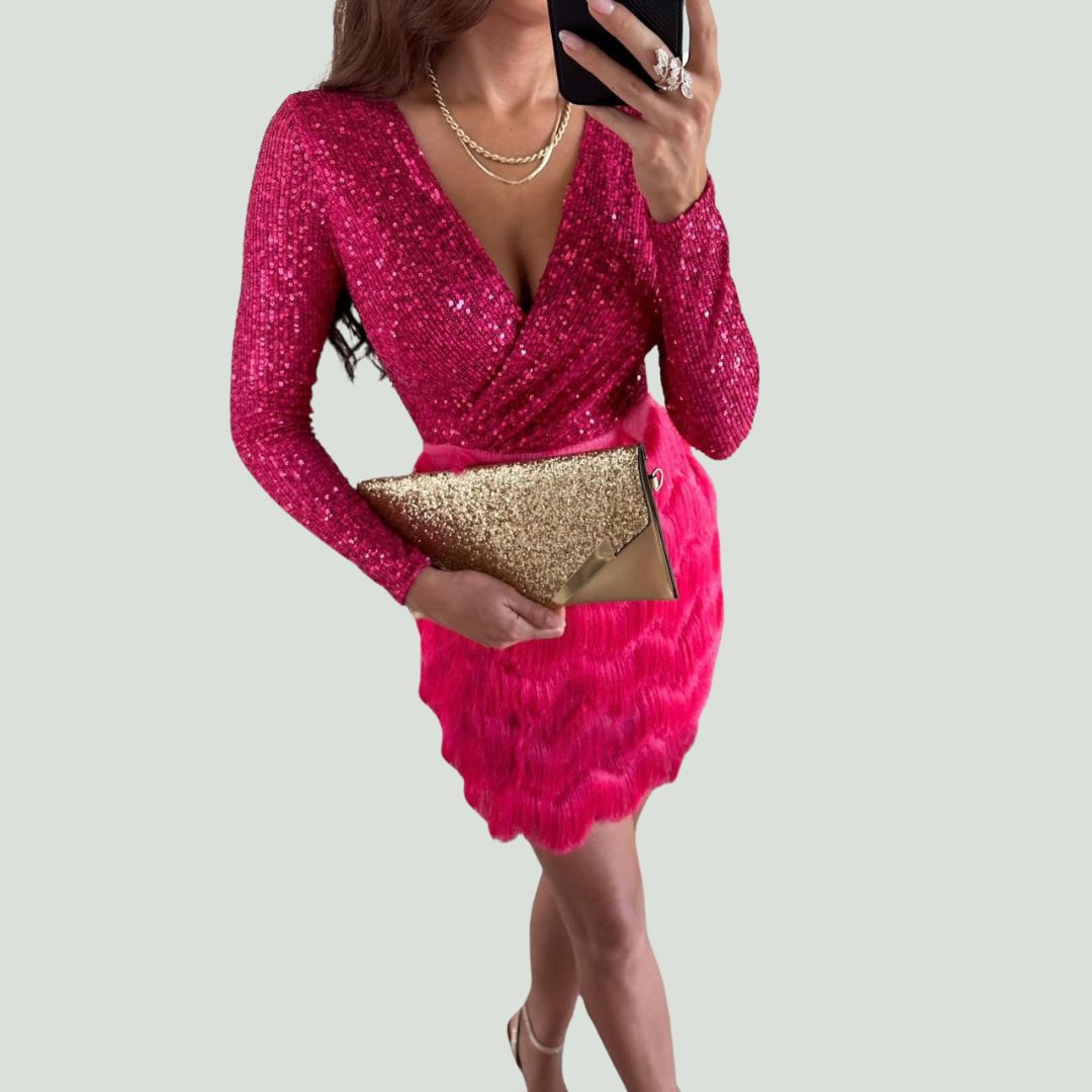 Sequin Wrap Deep V-Neck Long Sleeve Faux Cocktail Mini Dress - View 6