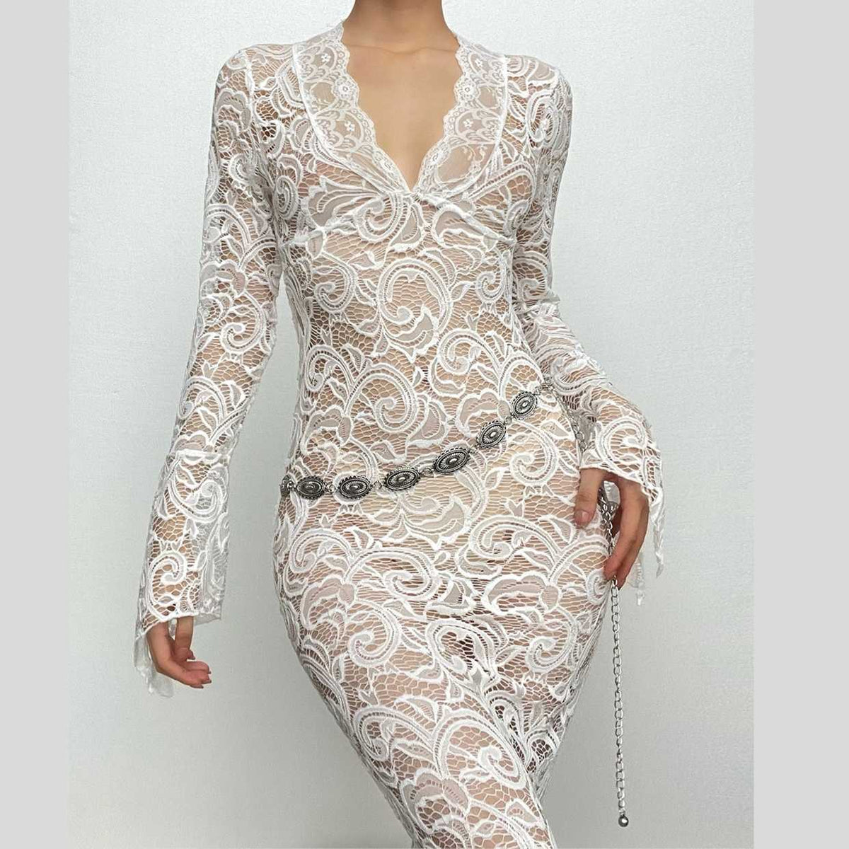 Lace see through long sleeve v neck solid maxi dress - View 2