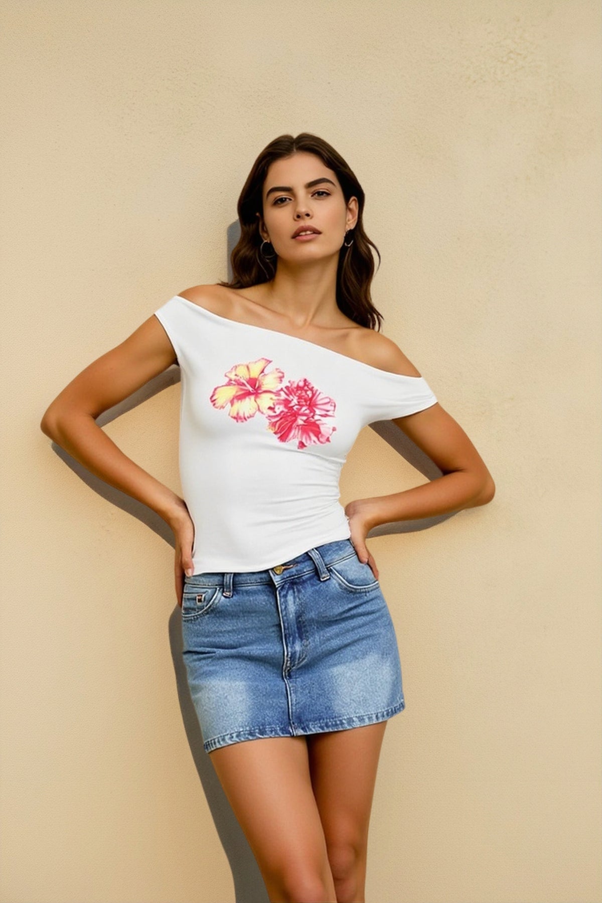 One Shoulder Cap Sleeve Floral Print Crop Top 3