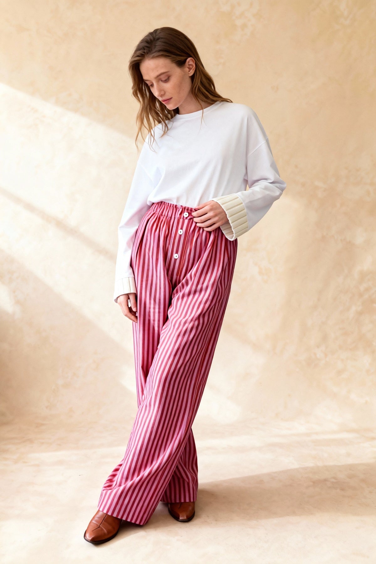 Retro Striped Button High Waist Straight Pant