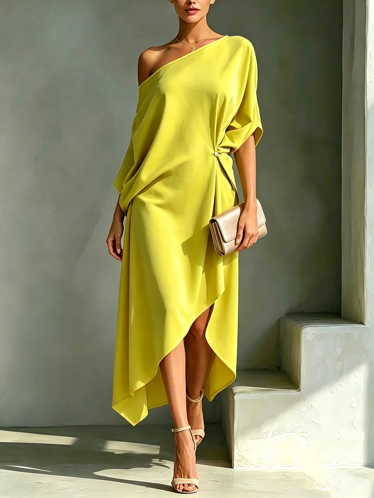 One Shoulder Batwing Sleeve Asymmetric Hem Midi Dress