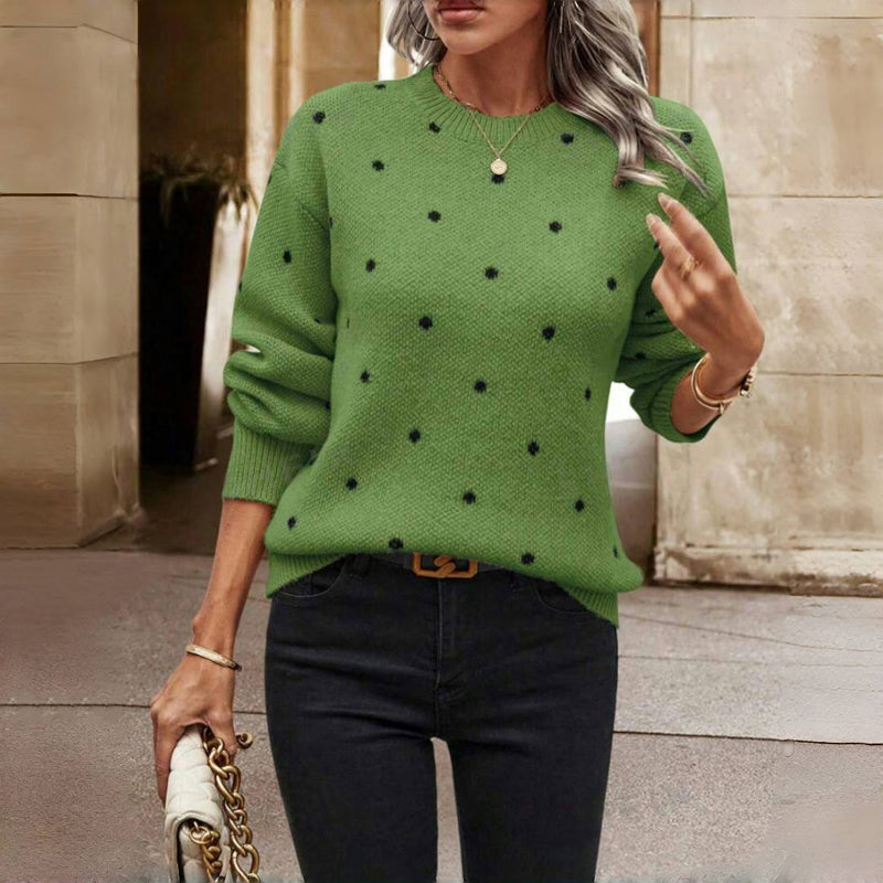 Crew Neck Long Sleeve Polka Dot Knit Sweater 3