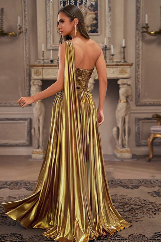 Satin One Shoulder Cape Ruched A-Line Maxi Gown - View 3