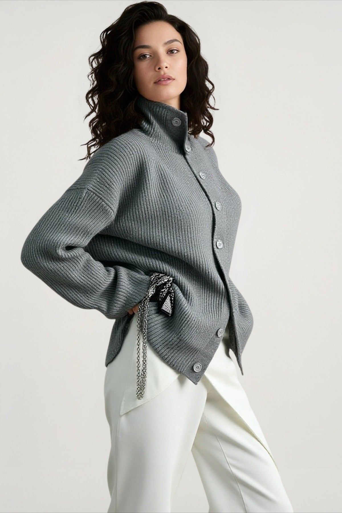 High Neck Button Front Ribbed Knit Oversized Cardigan 2