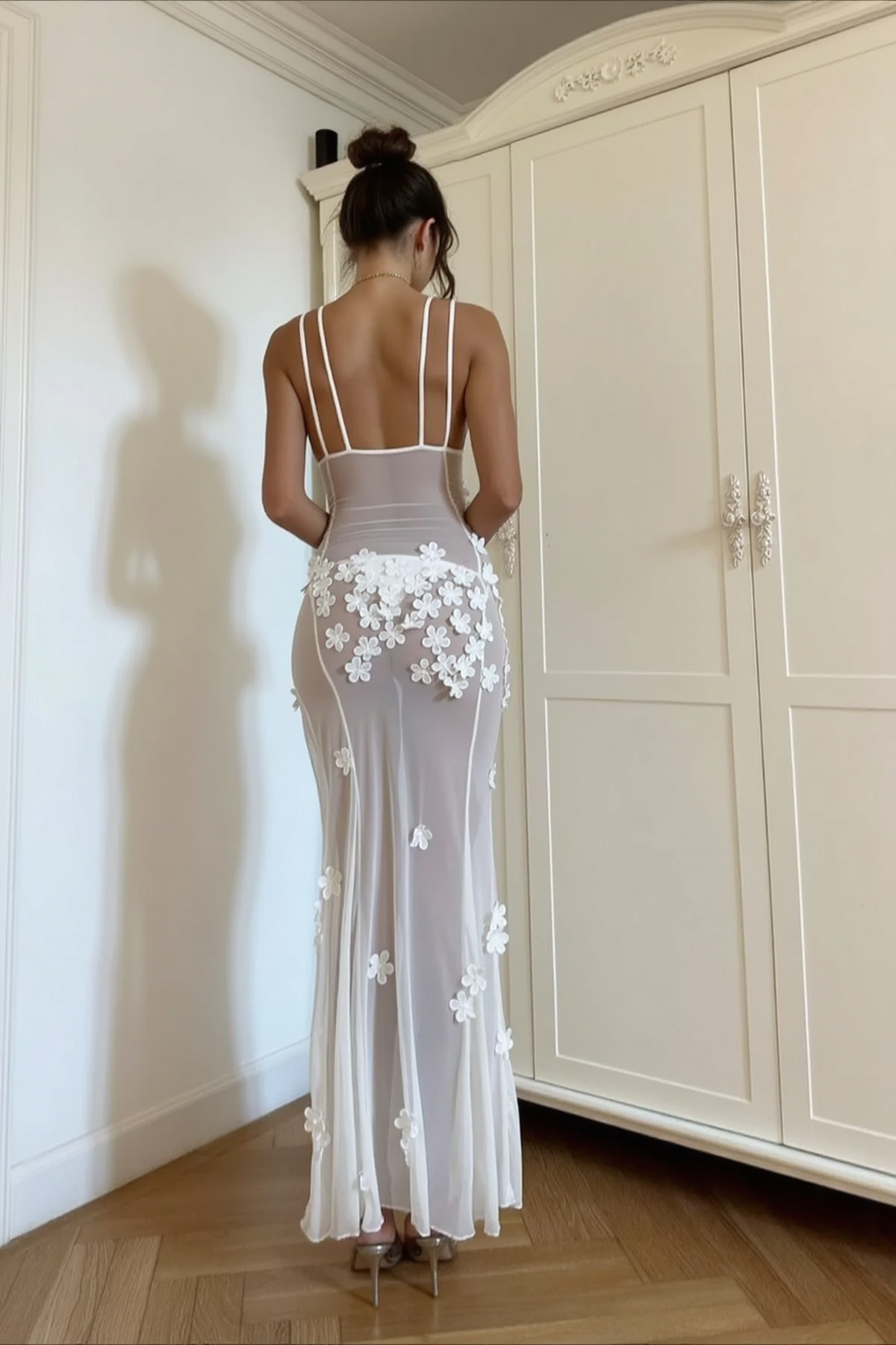 Backless Sheer Mesh Floral Dress