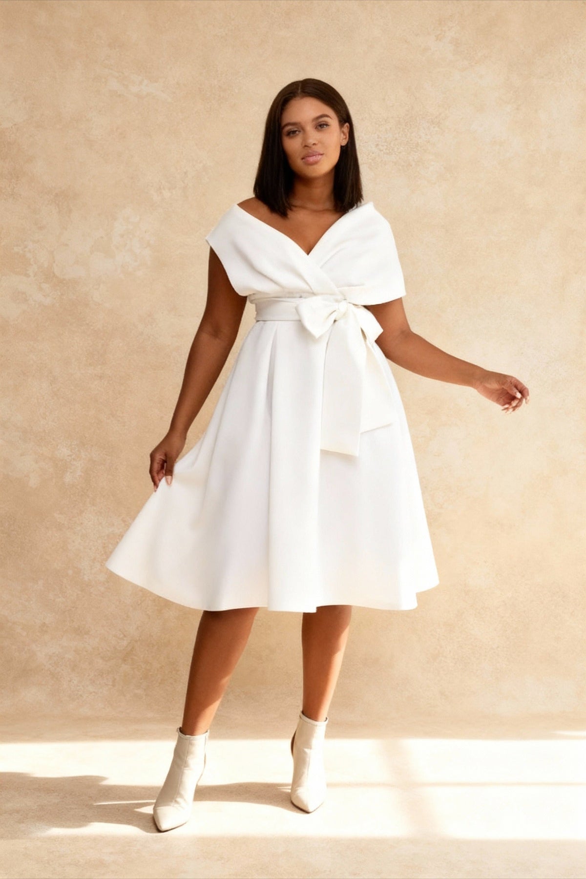 Off Shoulder Wrap Bow Belt Pleated A-Line Midi Dress - View 5