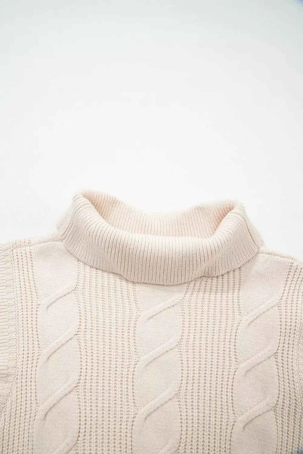 Cable Knit Turtleneck Ruffled Short Sleeve Sweater