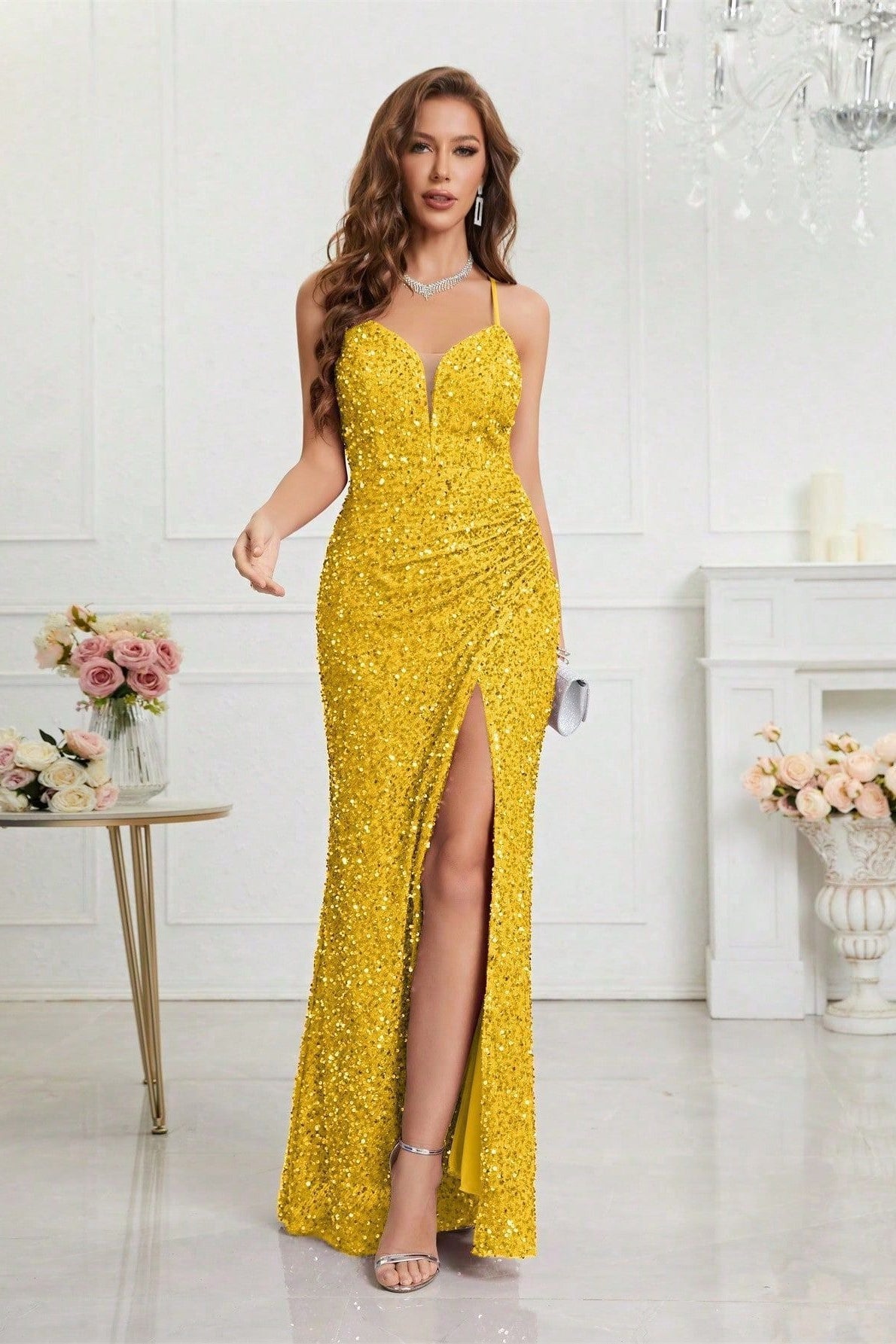 Sequin Spaghetti Strap V-Neck High Split Ruched Maxi Prom Dress - View 4