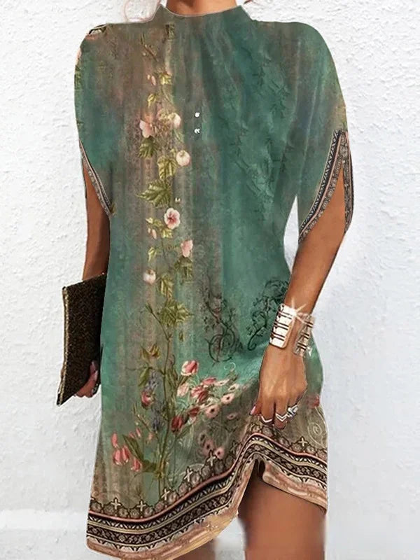 Cap Sleeve Floral Vine Border Print Shift Mini Dress - View 2