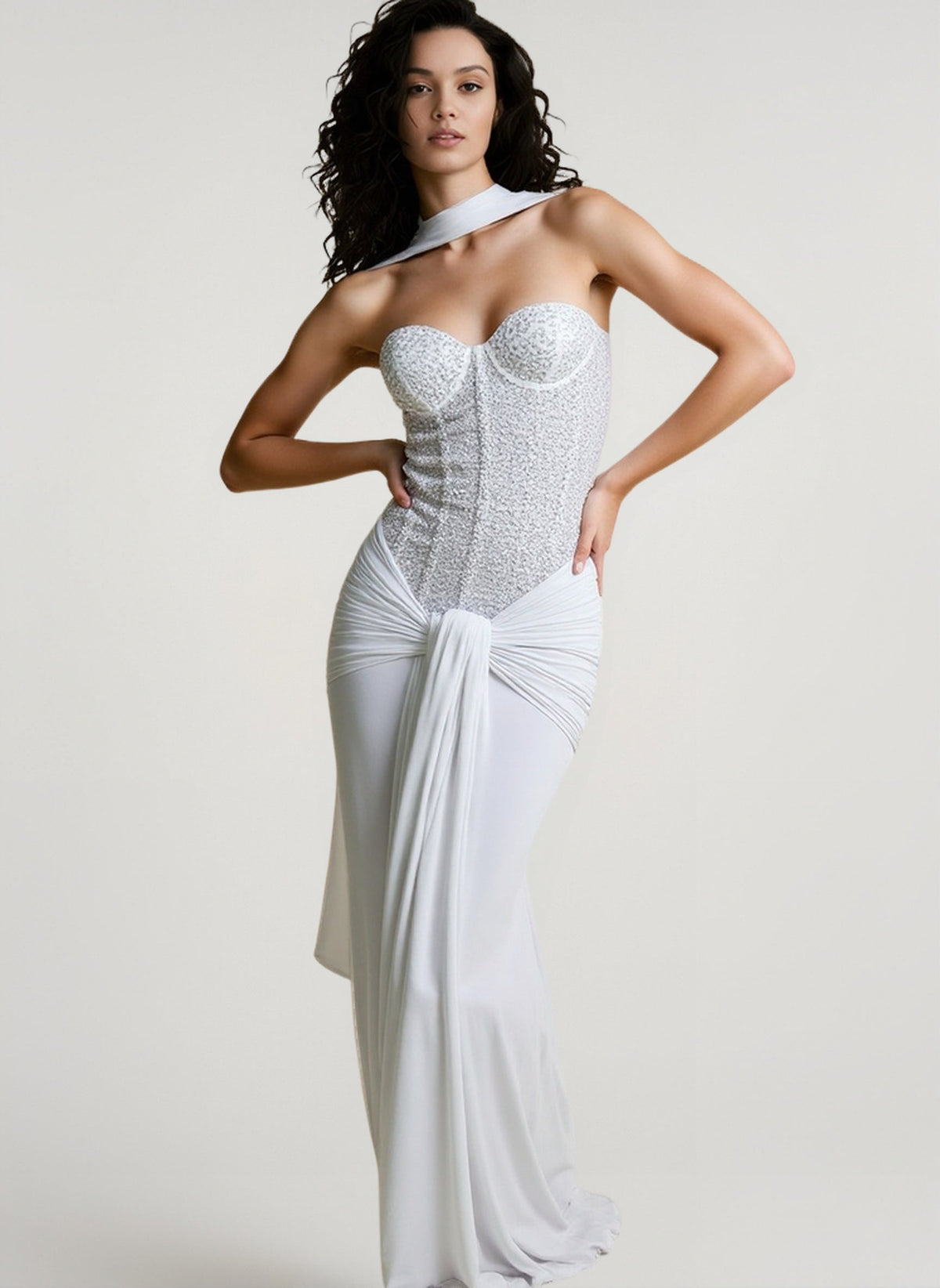 Sweetheart Strapless Sequin Corset Draped Wrap Gown 3